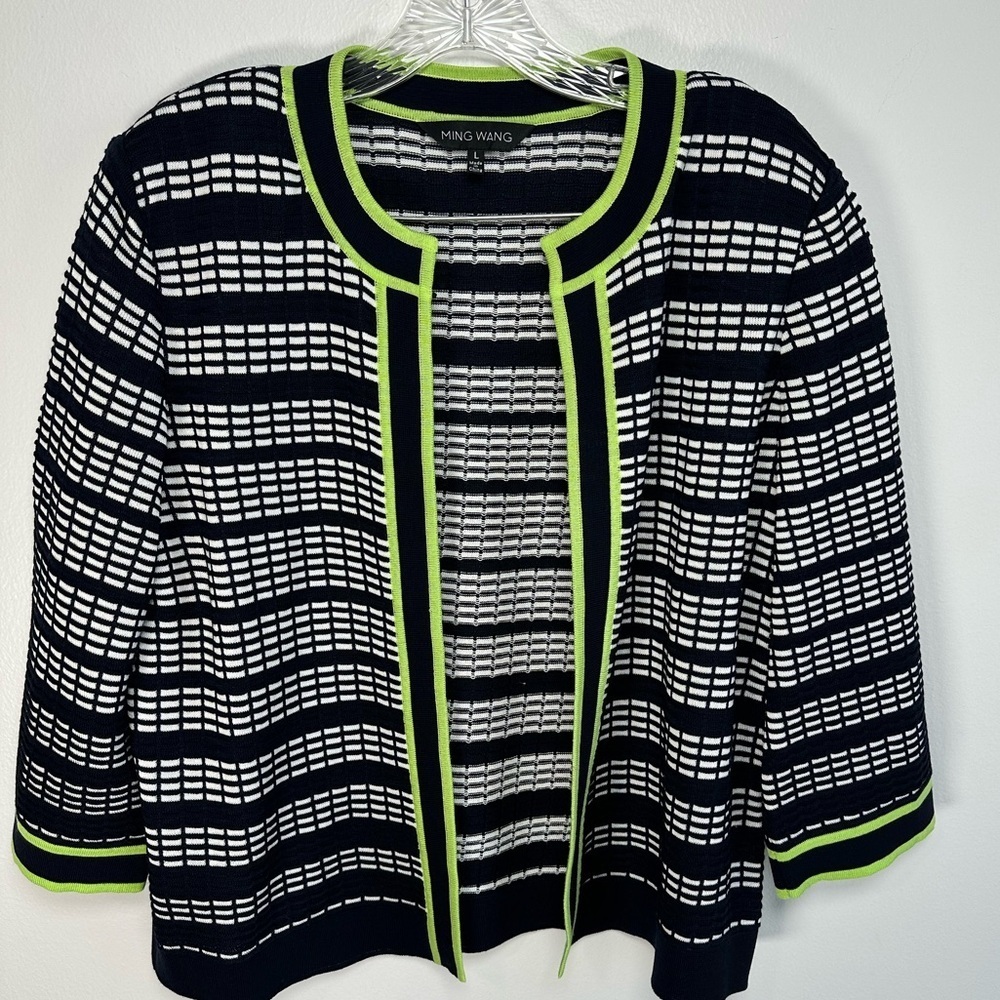 Ming Wang Navy & White Open Front Cardigan with Green Trim Size Large